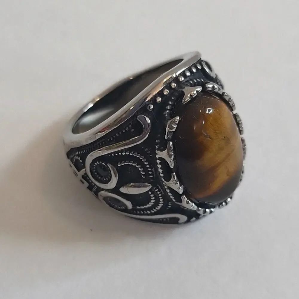Tiger Eye Natural Gemstone Handmade Men’s Stainless Steel Ring Size 9 NWT